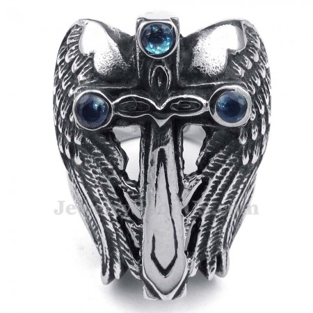Titanium Cross Wing Ring with Blue Zircon
