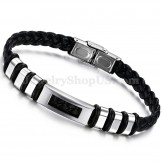 Men's Silver Black Titanium Leather Bracelet C767