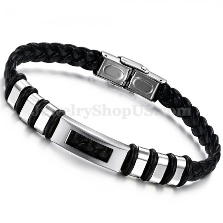 Men's Silver Black Titanium Leather Bracelet C767