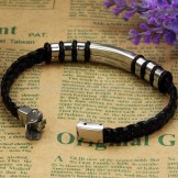 Men's Silver Black Titanium Leather Bracelet C767