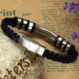 Men's Silver Black Titanium Leather Bracelet C767