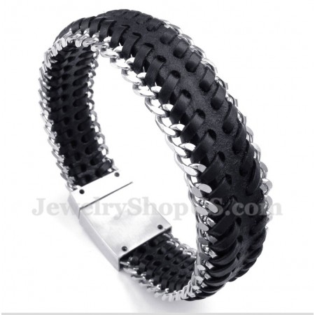 Men's Titanium Black Leather Bracelet
