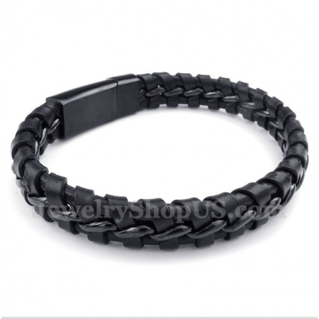 Men's Titanium Black Leather Bracelet