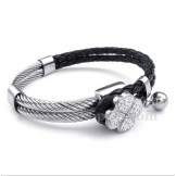Men's Clover Black Leather Titanium Bracelet