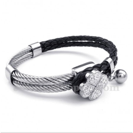 Men's Clover Black Leather Titanium Bracelet