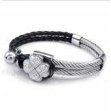 Men's Clover Black Leather Titanium Bracelet