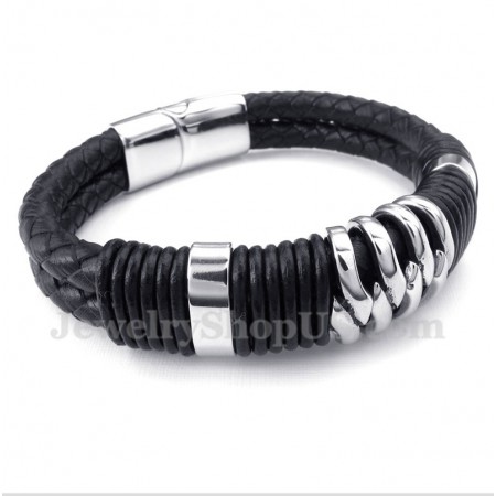 Men's Titanium Black Leather Bracelet