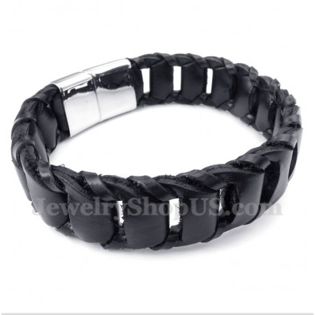 Men's Titanium Black Leather Bracelet