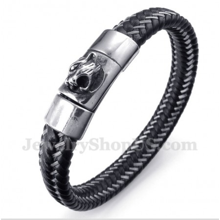 Men's Titanium Black Leather Cable Bracelet