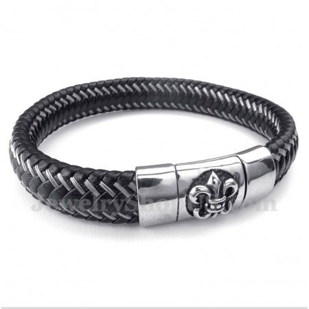 Men's Titanium Black Leather Cable Magnet Bracelet