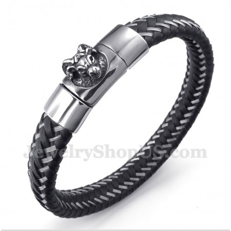 Men's Titanium Black Leather Cable Magnet Bracelet
