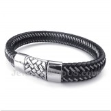 Men's Titanium Black Leather Cable Bracelet