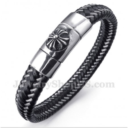 Men's Titanium Black Leather Cable Bracelet