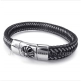 Men's Titanium Black Leather Cable Bracelet