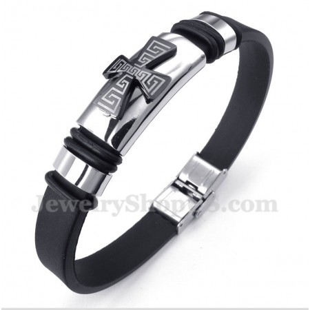 Men's Titanium Greek Meander Pattern Cross Rubber Bracelet