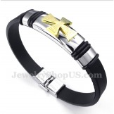 Men's Titanium Greek Meander Pattern Gold Cross Rubber Bracelet