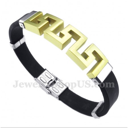 Men's Titanium Rubber Gold Greek Meander Pattern Bracelet